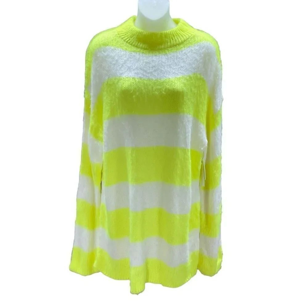Abound Sweater Tunic Crew Neck Lime Green Cream Fuzzy Long Sleeve Medium
